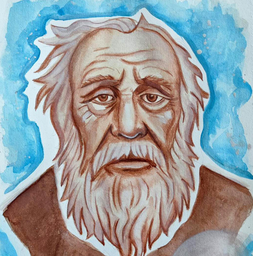 Senolio išminties portretas Akvarelės technika sukurtas senolio veido portretas su gilios išminties žvilgsniu ir šviesiai mėlynu fonu.